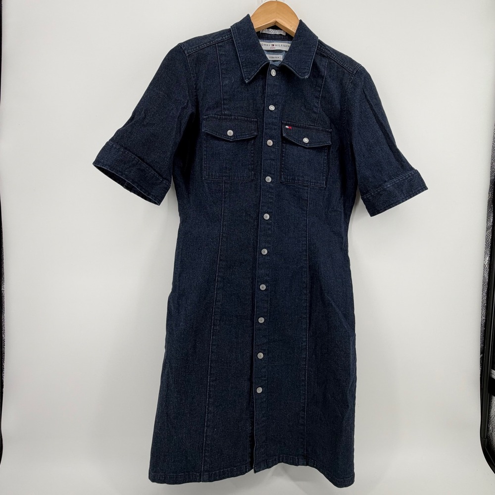 Tommy Hilfiger Jeans Denim Shirt Dress Dark Wash Stretch Size 8 Y2K Vintage - Picture 2 of 11